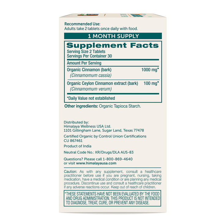 Himalaya Organic Cinnamon, 30 Day Supply - Herbal Glucose Metabolism Support