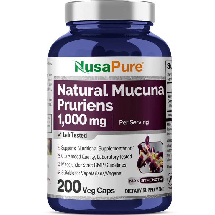 NusaPure Mucuna Pruriens 1000mg 200 Veggie Caps (Non-GMO, 100% Vegetarian