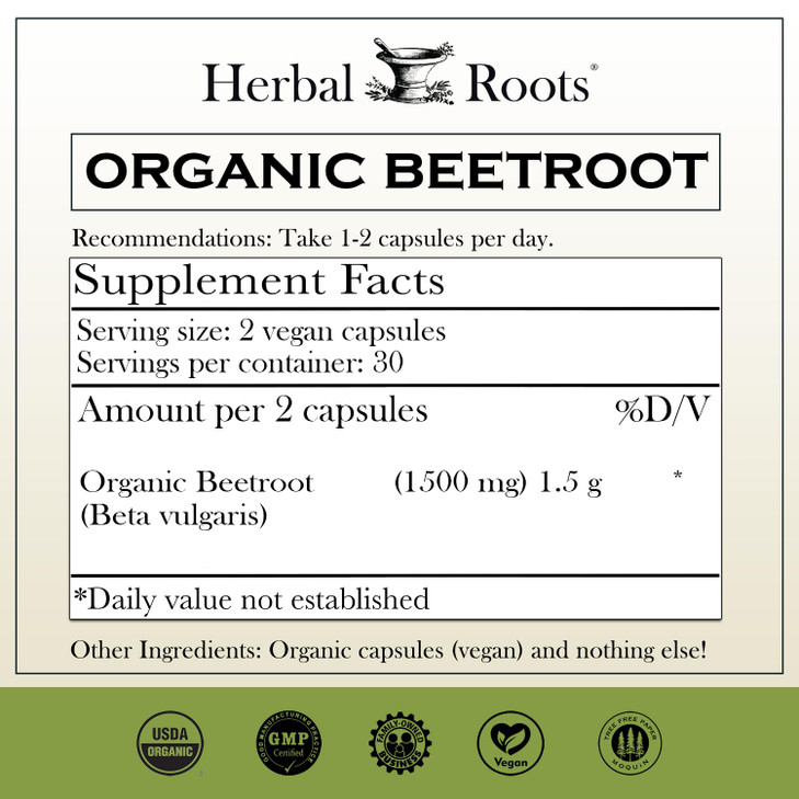 Herbal Roots Organic Beet Root Powder Capsules - 60 Count Vegan Capsules