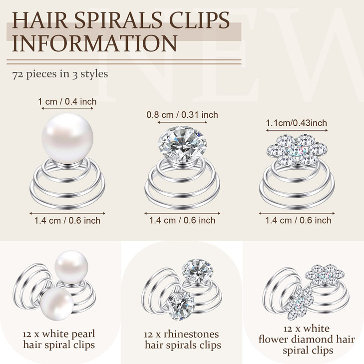 36 Pieces Spiral Hair Pins Gems Rhinestones for Hair Accessories Pearl Pin for Wedding Crystal Twister with Silver Coil Jewelry Clip for Wedding Brid