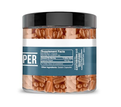 Earthborn Elements Cayenne Pepper 200 Capsules, Pure & Undiluted, No Additives