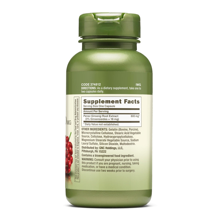 GNC Herbal Plus Panax Ginseng 600mg, Supports Vitality, 100 Capsules
