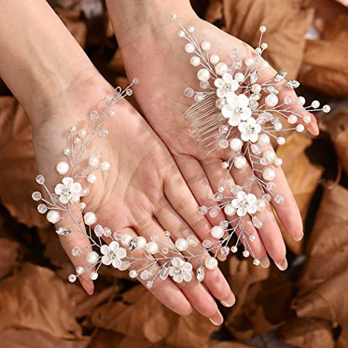 Gorais Flower Bride Wedding Hair Comb Silver Pearl Bridal Headpiece Crystal Hair Pieces Rhinestone Hair Accessories for Women and Girls