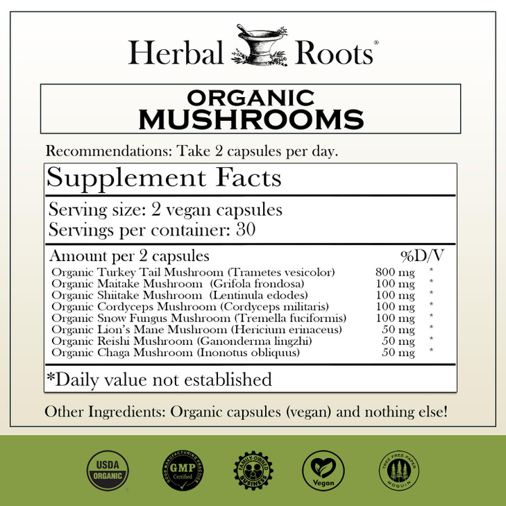 Herbal Roots Organic 8 Mushroom Blend Supplement Capsules