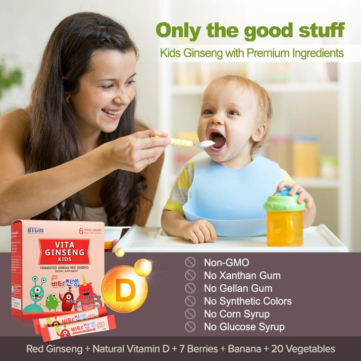 BTGin Vita Ginseng Kids, Vitamin D, Zinc, 7 Berries, Banana, 20 Vegetables, Milk