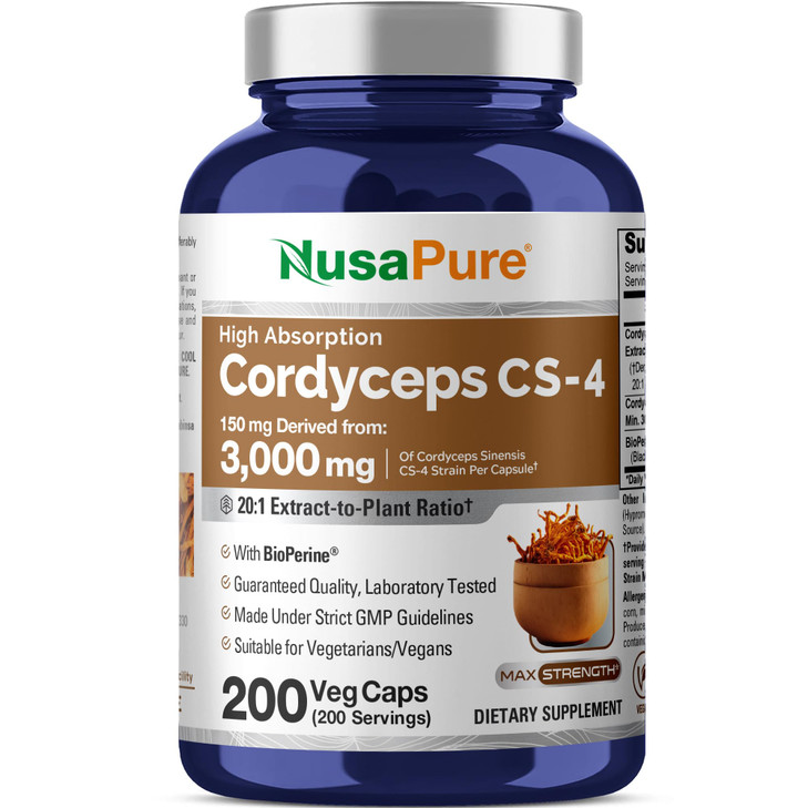NusaPure Cordyceps 20:1 Extract, 150 mg Equivalent to 3,000mg 200 Veggie