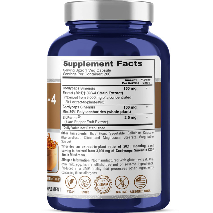 NusaPure Cordyceps 20:1 Extract, 150 mg Equivalent to 3,000mg 200 Veggie