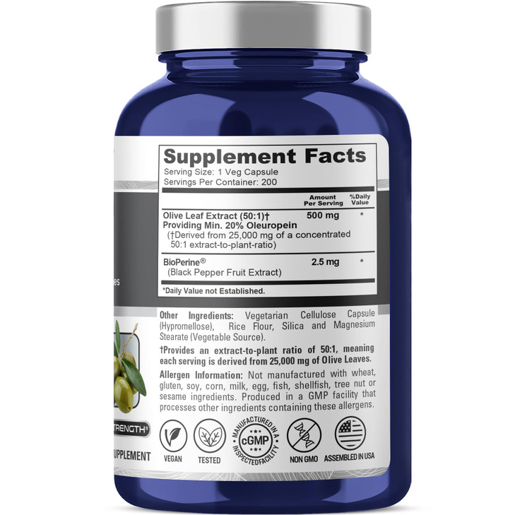 NusaPure Olive Leaf 20% Oleuropein 50:1 Extract, 500 mg Equivalent to 25,000 mg