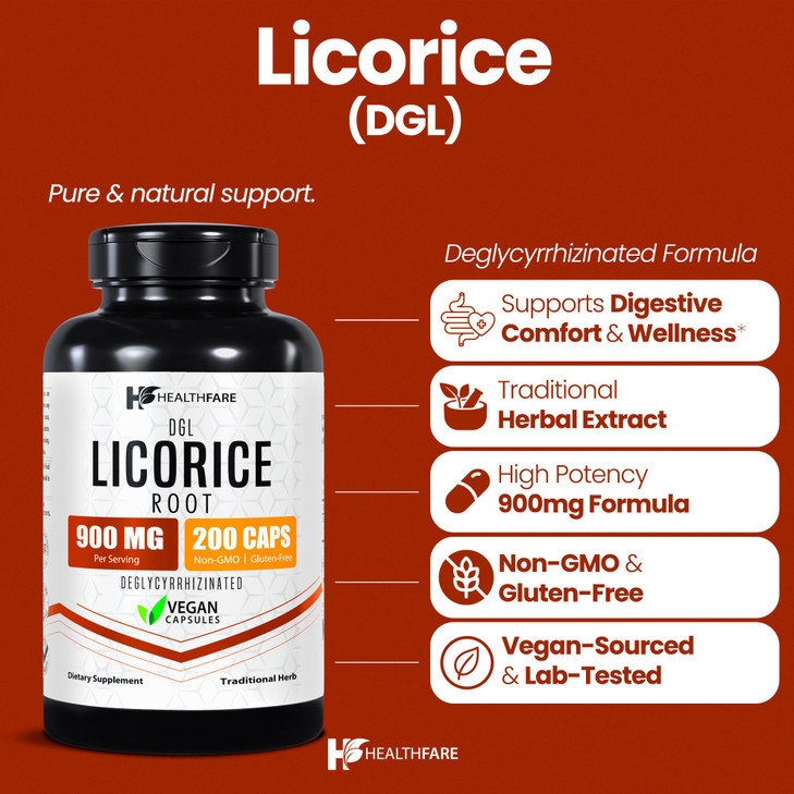 Healthfare Licorice Root Extract 900mg - 200 Vegan Capsules DGL Supplement