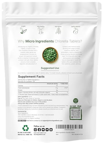 Organic Chlorella Tablets, 500mg Per Tablet, 720 Tabs (360 Grams), 4 Months