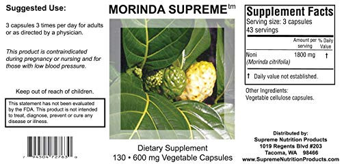 Supreme Nutrition Morinda Supreme, Whole Noni Fruit Capsules (130 Count (Pack