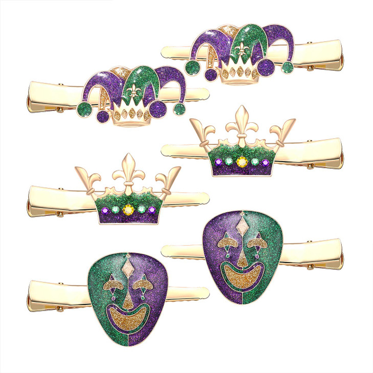 Mardi Gras Hair Clips Glitter Fleur De Lis Clown Hat Barrettes Mask Hairpin Holiday Carnival Party Parade Hair Accessories