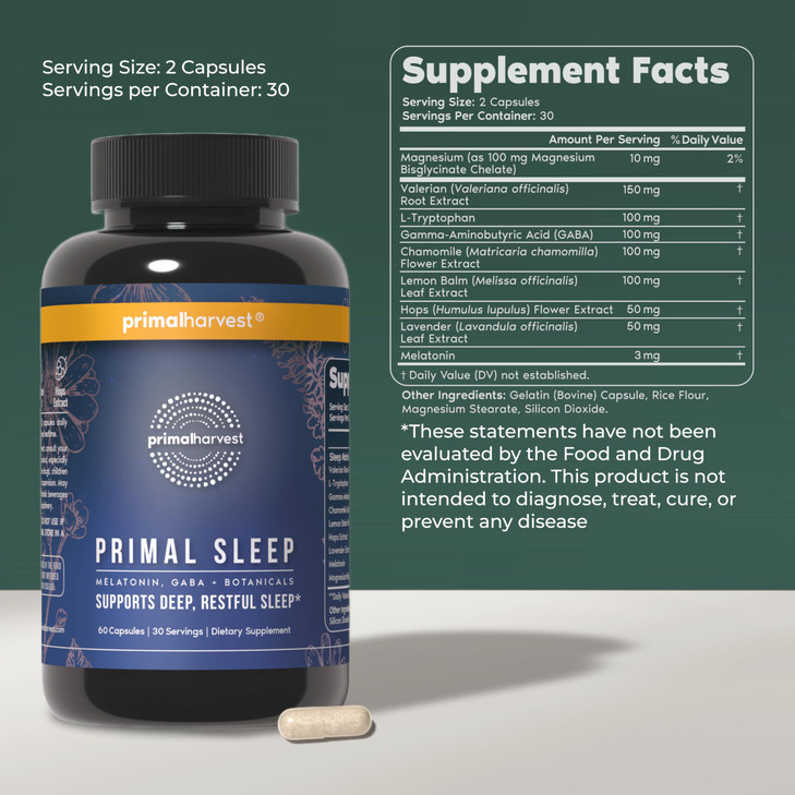 Primal Harvest Primal Sleep Support Supplement for Adults with Melatonin, GABA