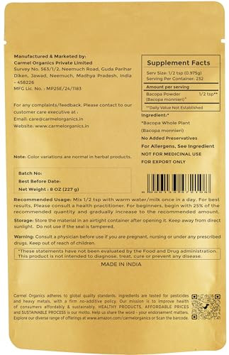CARMEL ORGANICS Bacopa Monnieri/Brahmi Powder