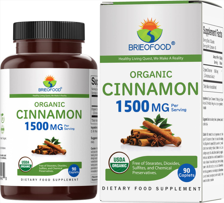 Brieofood Organic Cinnamon 1500mg, 45 Servings, Vegetarian, Gluten Free, 90