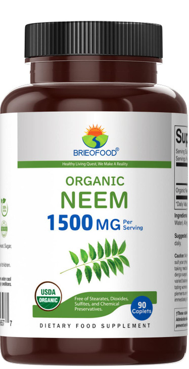 Brieofood Organic Neem 1500mg, 45 Servings, Vegetarian, Gluten Free, 90