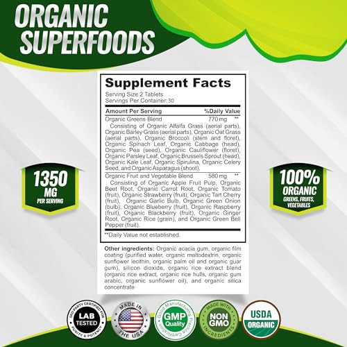 Organic Super Greens Capsules Superfood Fruit Veggie Supplement