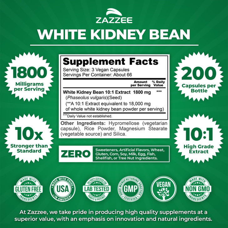 Zazzee White Kidney Bean 10:1 Extract, 1800 mg per Serving, 200 Vegan Capsules