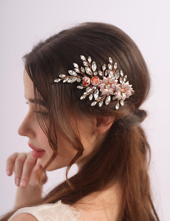 Teyglen Bridal Flower Crystal Hair Clips Hairpins Wedding Gold Leaf Hair Barrette Handmade Leaf Rhinestone Hair Pieces Hair Accessories for Women Bri