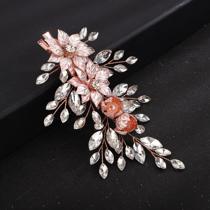 Teyglen Bridal Flower Crystal Hair Clips Hairpins Wedding Gold Leaf Hair Barrette Handmade Leaf Rhinestone Hair Pieces Hair Accessories for Women Bri