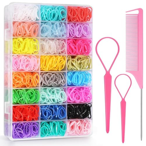 Elastic Hair Bands 24 Colors, BEBEEPOO 2000 pcs Mini Hair Rubber Bands with Organizer Box, Soft Small Girl Hair Ties, Colorful Baby Rubber Bands Set