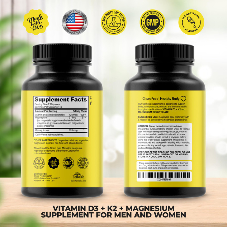 HerbaMe Vitamin D3 5000 IU + K2 with Magnesium Bisglycinate for Max Absorption