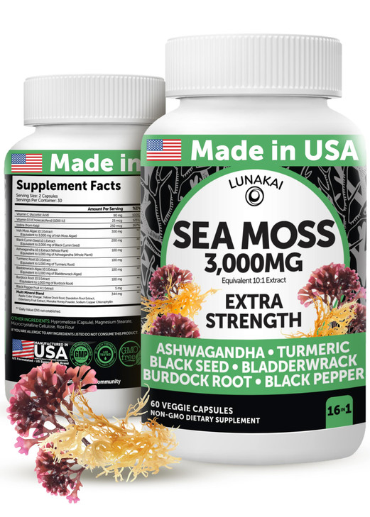 Lunakai USA Made Irish Sea Moss Capsules with Black Seed Oil, Ashwagandha