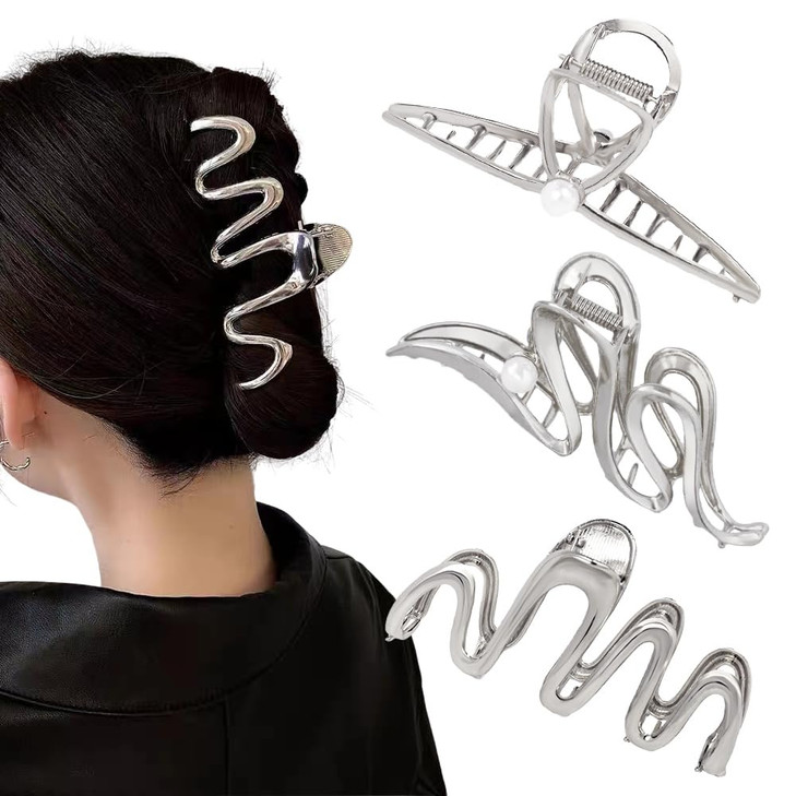 3 Pack Hair Claw Clips for Thick Long Hair, Silver Metal Wave Cross with Peal Big Jaw Clamps Hair Accessories for Women, Fashion Elegant Aesthetics V