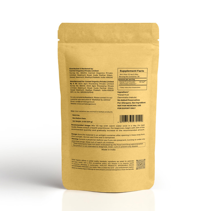 CARMEL ORGANICS Harad/Haritaki Fruit Powder 8 Ounce or 0.5 Lb/227 Grams(Pack