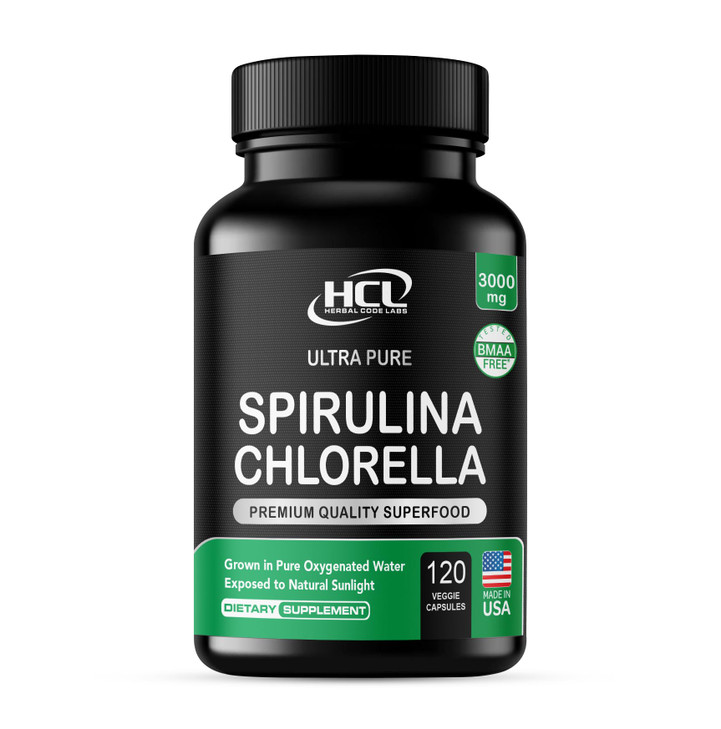 Chlorella Spirulina Powder Capsules 3000 mg of BMAA Free Purest Blue Green Algae