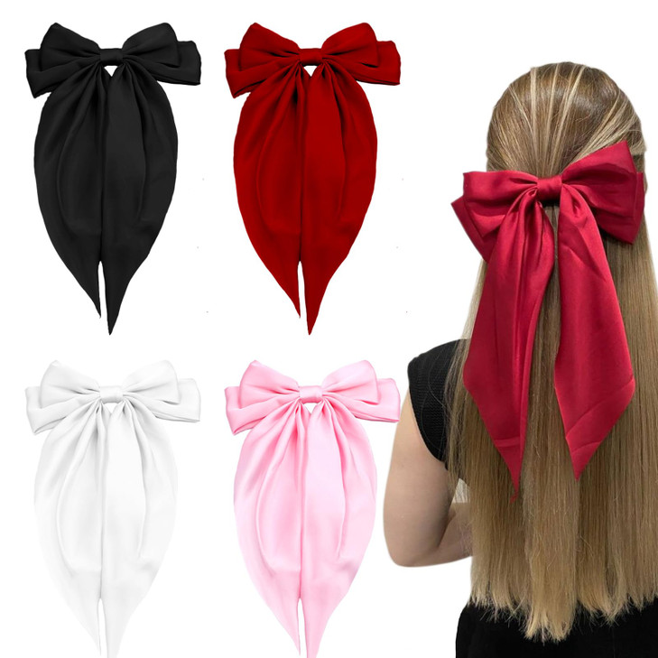 4 Pieces Silky Satin Hair Bows Big Hair Bows Ribbon Hair Barrettes Clip for Women Oversized Long Tail Metal Pins French Barrette Bowknot Hair Accesso
