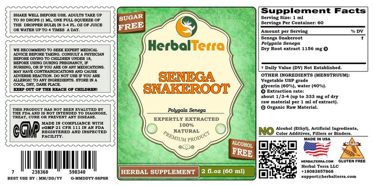 Herbal Terra LLC Senega Snakeroot (Polygala Senega) Glycerite, Dried Roots