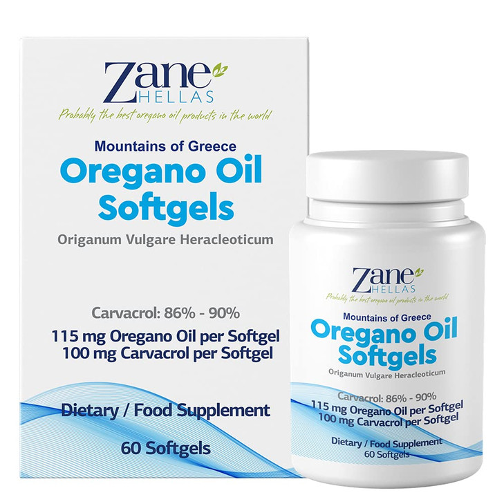 Zane Hellas Oregano Oil Softgels. Extra Strength. Every Softgel Contains 20%