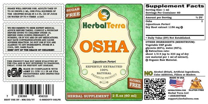 Herbal Terra LLC OSHA (Ligusticum Porteri) Glycerite, Dried Roots Alcohol-Free
