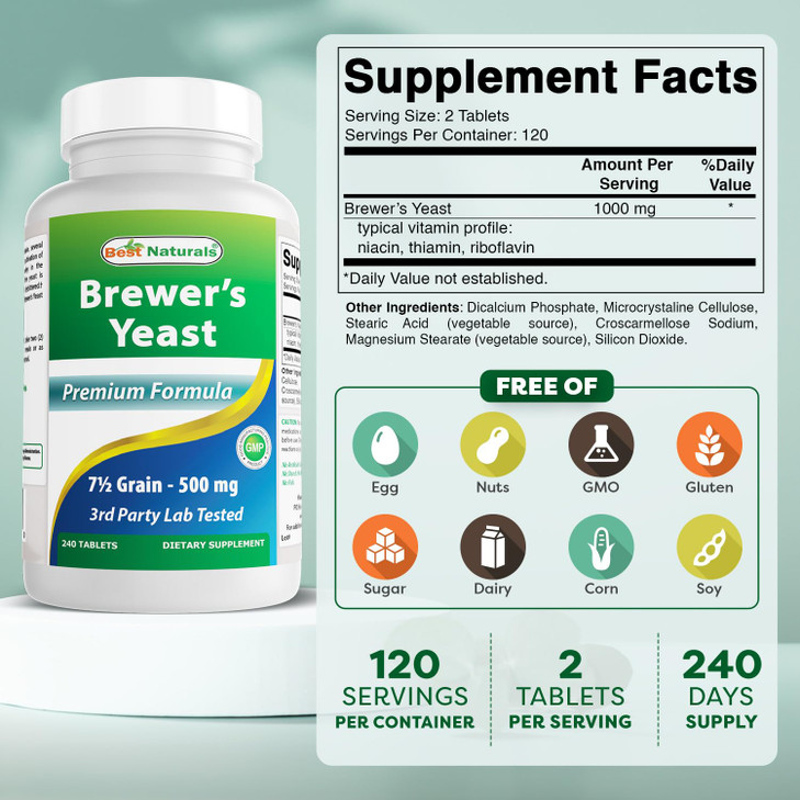 Best Naturals, Brewers Yeast, 7-1/2 Grains with Vitamin B1, Vitamin B2, 1000 mg