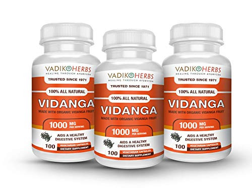 Certified Organic Vadik Herbs Vidanga (Embelia Ribes) Powder 3 Bottles Capsules