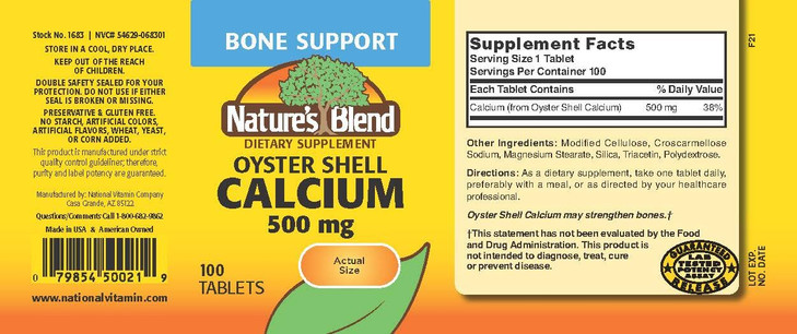 Nature's Blend Oyster Shell Calcium 500 mg 100 Tabs (1683)