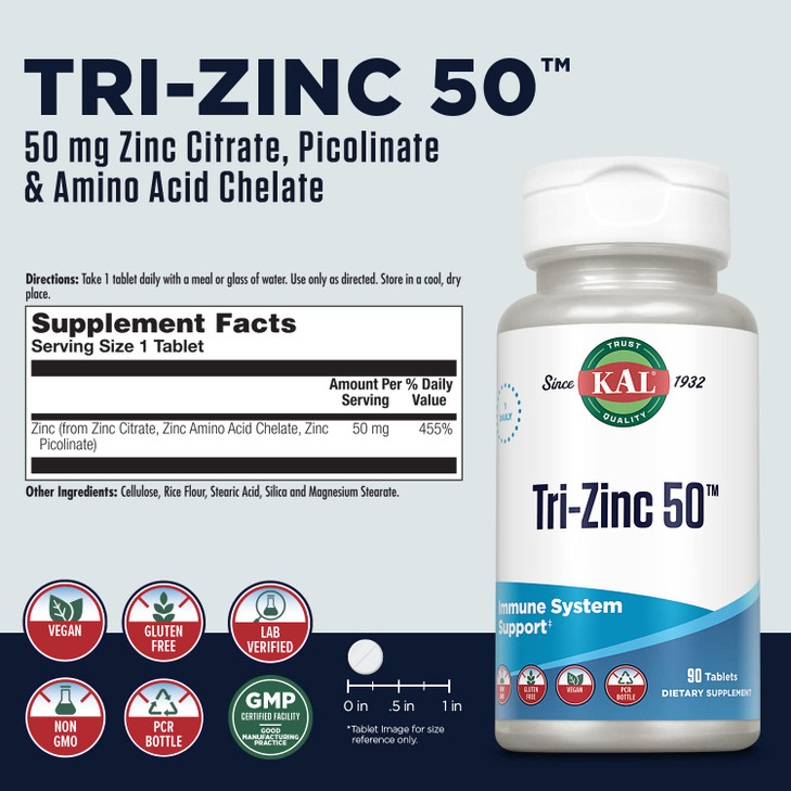 KAL Tri Zinc 50mg w/Zinc Citrate, Zinc Amino Acid Chelate and Zinc Picolinate