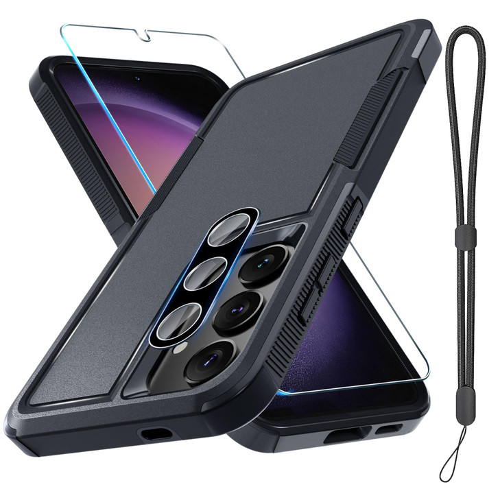 RMOCR Case for Samsung Galaxy S24 FE, Full Body Heavy Duty Rugged Shockproof Protective Phone Cover with Lanyard Strap, Tempered Glass Screen Protect