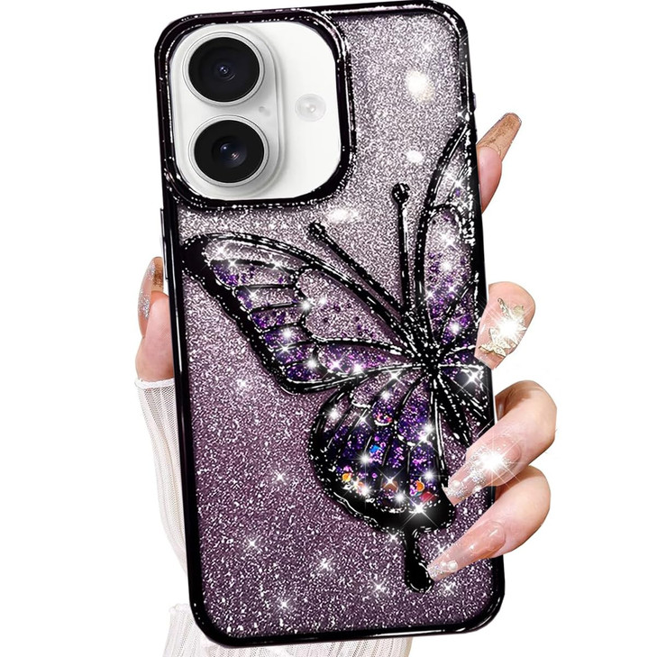 Changjia for iPhone 16 Glitter 3D Butterfly Case,Cute Luxury Bling Sparkly Liquid Flowing Butterfly Case Soft TPU Plating Bumper Clear Shockproof Wom