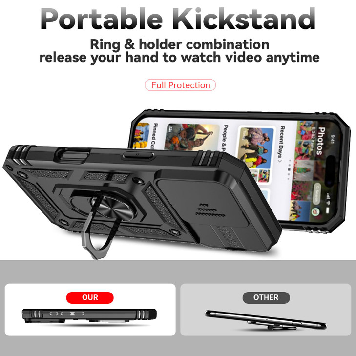 QIVSTAR Phone Case for iPhone 16 Pro Case, with Slide Camera Cover [Military Grade] Heavy Duty Case Built in Magnetic Ring Kickstand Protective Case