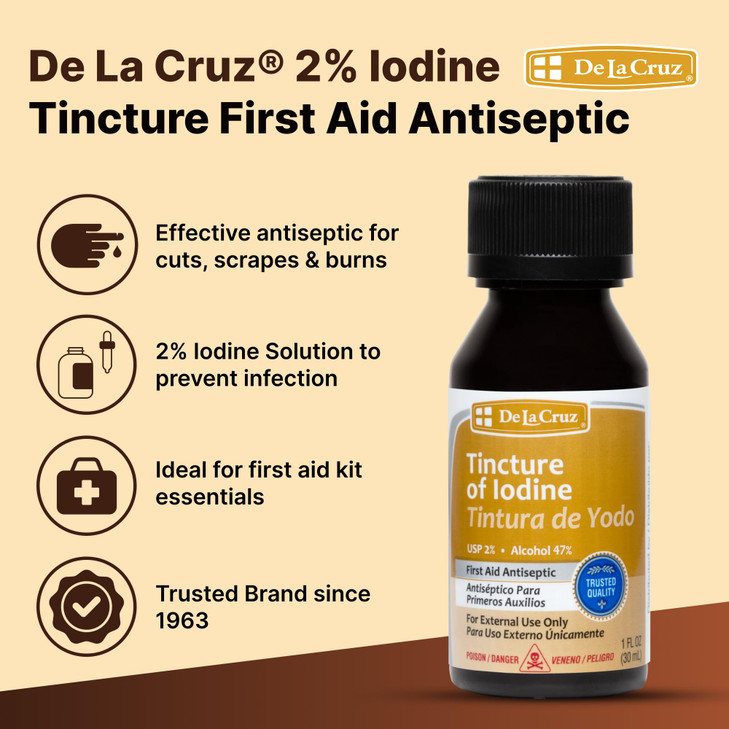 De La Cruz 2% Iodine First Aid Antiseptic, Made in USA 1 FL OZ (3 Bottles)