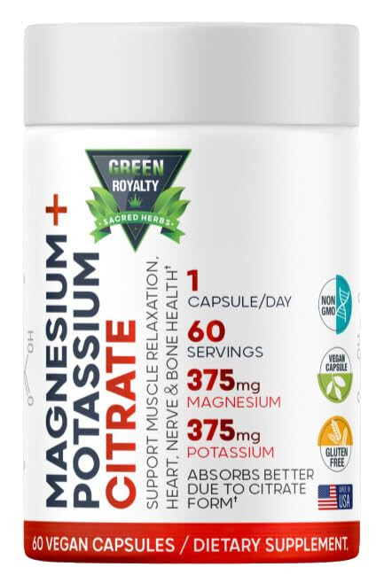 Magnesium Citrate + Potassium 60 Premium Vegan Capsules(Citrate 375 mg) + (375mg