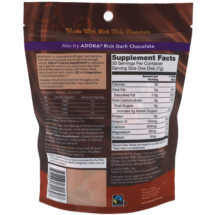 Adora, Calcium Disks Milk Chocolate, 30 Count