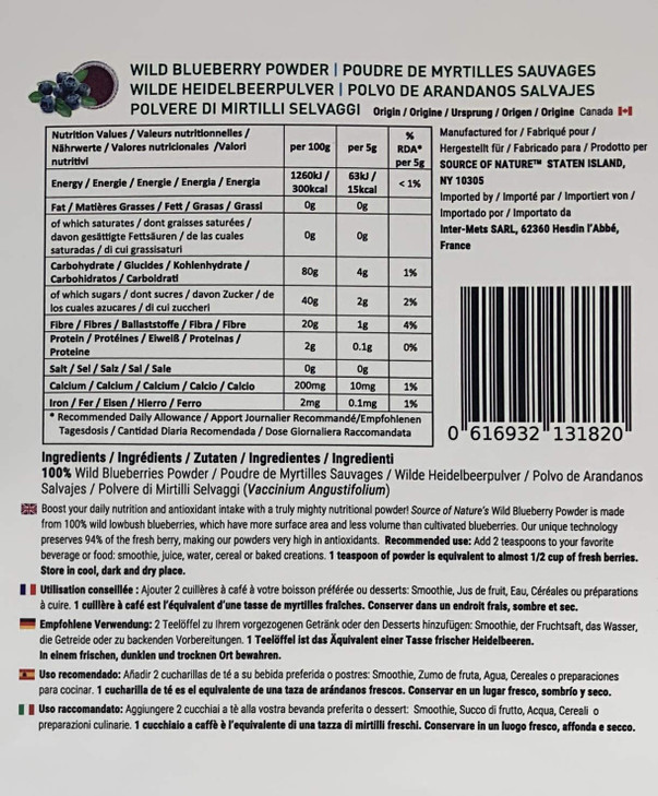 Source of Nature Wild Blueberry Powder 3.5 oz (100g) 100% Whole Berry; Not