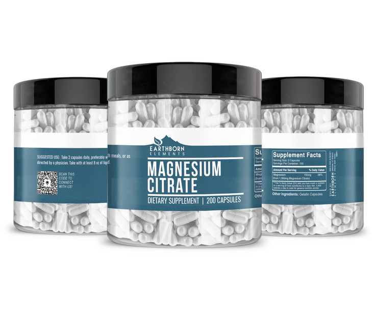 Earthborn Elements Magnesium Citrate 200 Capsules, Pure & Undiluted, No