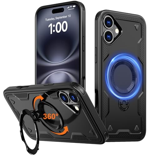 Annymall for iPhone 16 Plus Case with Magnetic Invisible 360°Rotatable Ring Stand, [Military Drop Protection] [Compatible with MagSafe] Shockproof He