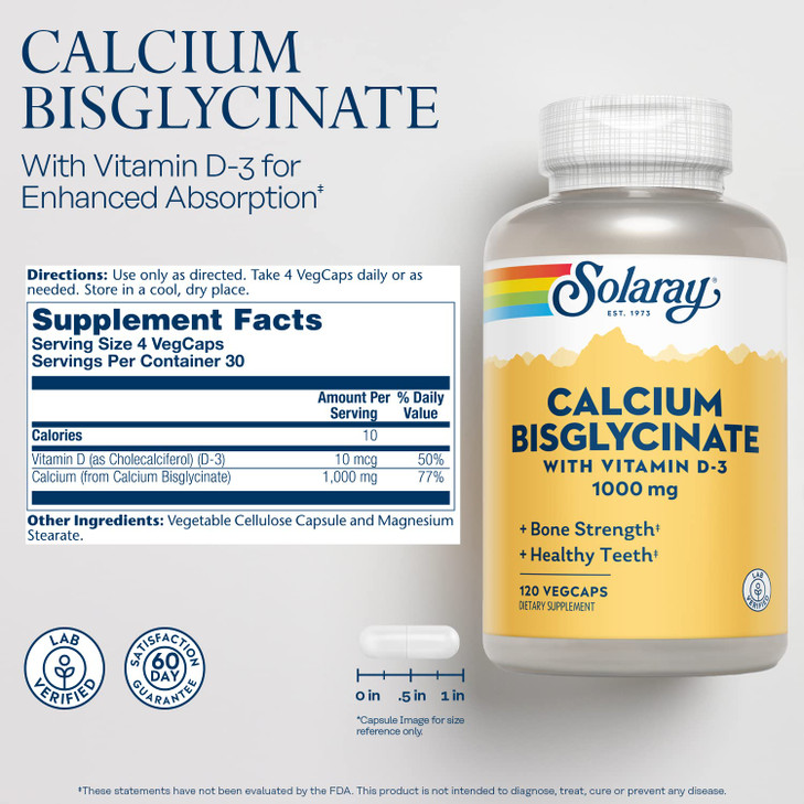 SOLARAY Calcium Bisglycinate Supplement 1000 mg for Women & Men