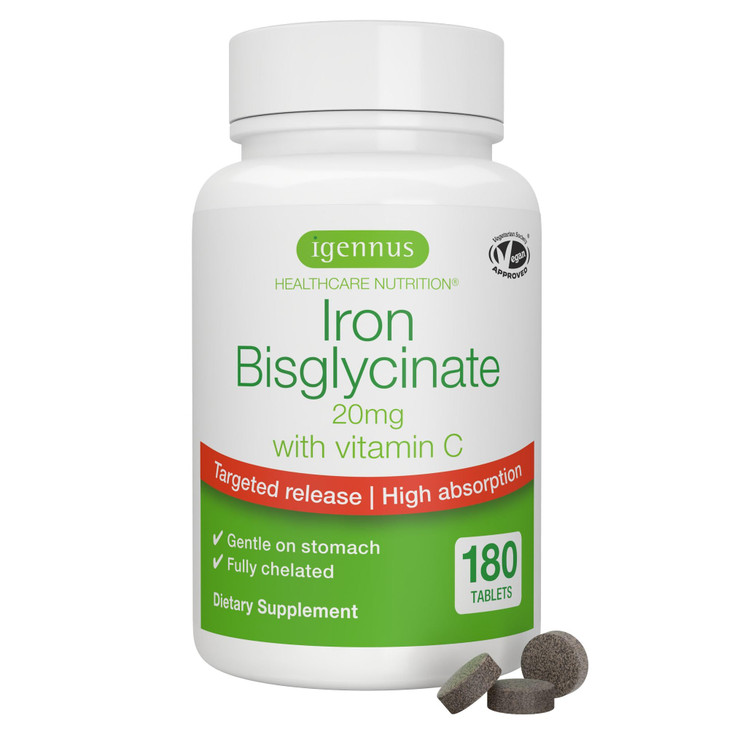 Igennus Clean Iron Bisglycinate 20mg, Vitamin C, 6 Month Supply, Gentle Chelated