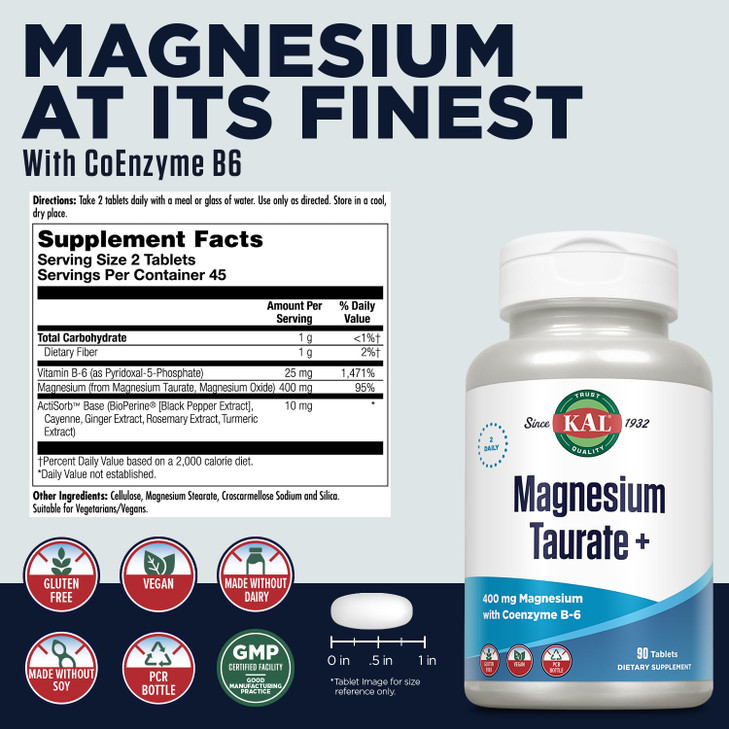 KAL Magnesium Taurate 400mg Plus CoEnzyme Vitamin B6, Chelated Magnesium